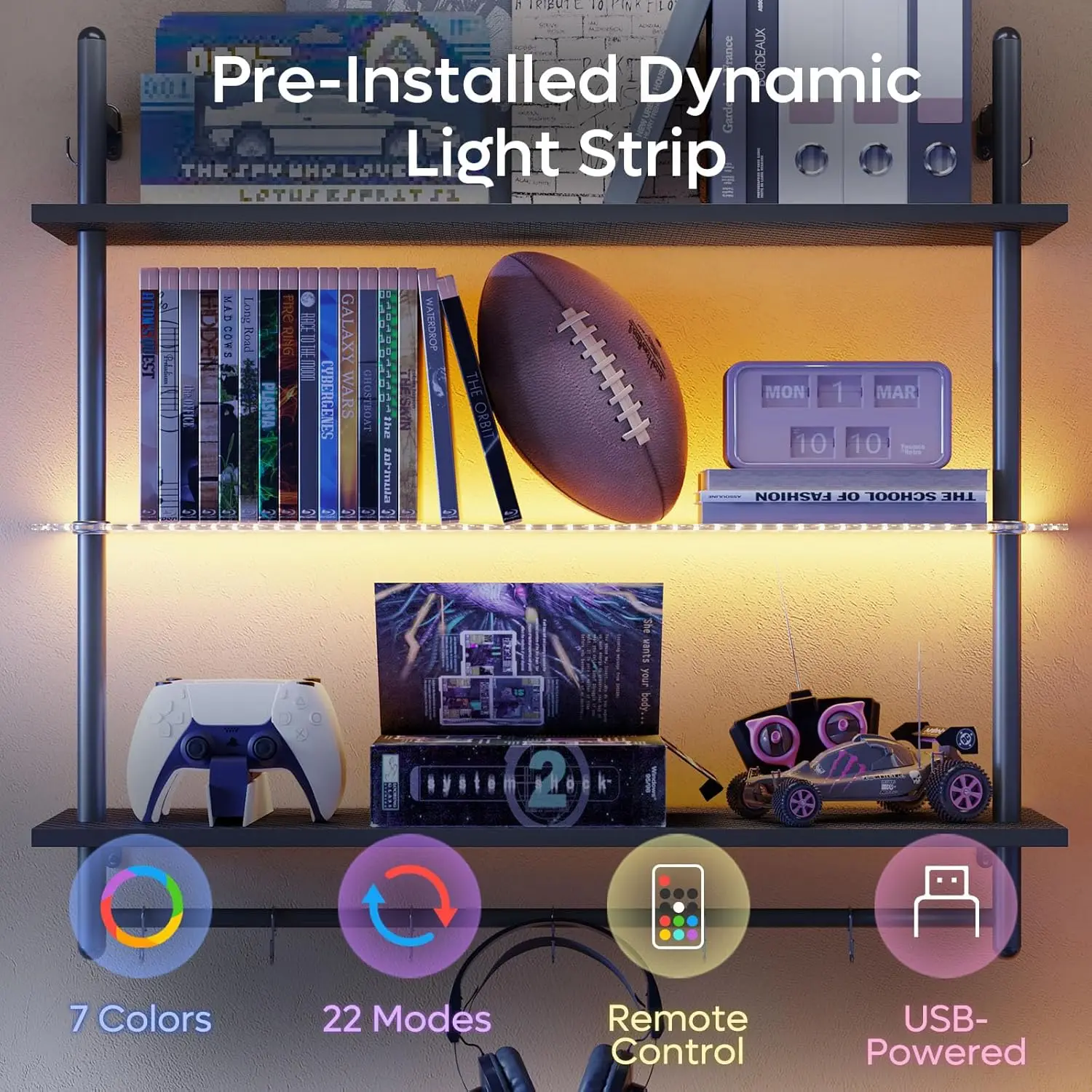 Gaming LED Floating Shelves for Wall, 41" Wall Mounted Shelf Pipe Glass Shelves, 3 Tier Hanging Display Rack with 8 S-Hooks Towe 4