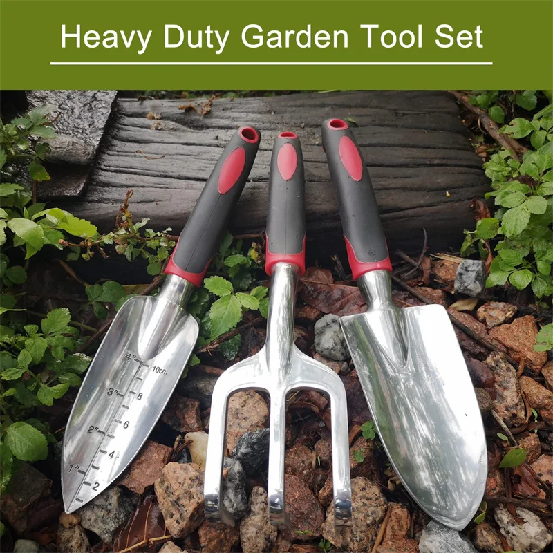 Garden Tools set 3 Piece Heavy Duty Gardening Tools Trowel Transplanter Hand Rake Aluminum with Soft Rubberized Non-Slip Handle