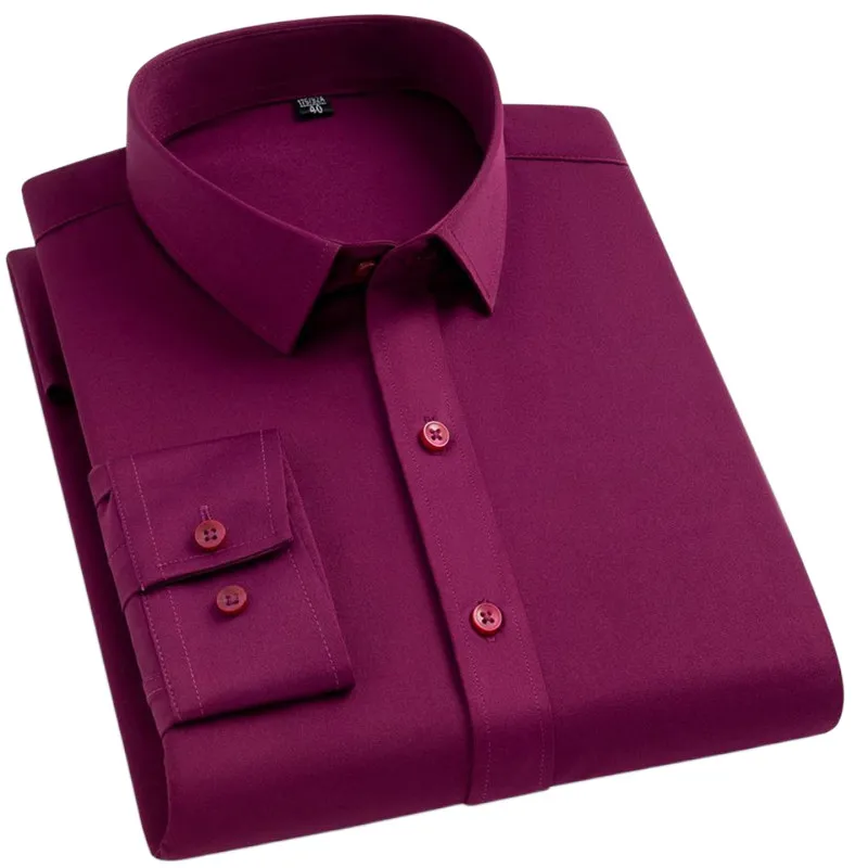 New Spring Mens Red Shirt Autumn Long Sleeve Soft Casual Solid Pink Purple Business Chemise Homme Non-iron Office Without Pocket