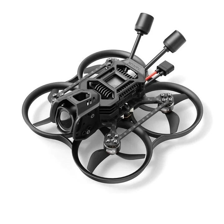 Drone Pavo20 Pro II 2.2" Cinewhoop FPV en vol, éclairage LED rouge, arrière-plan flou