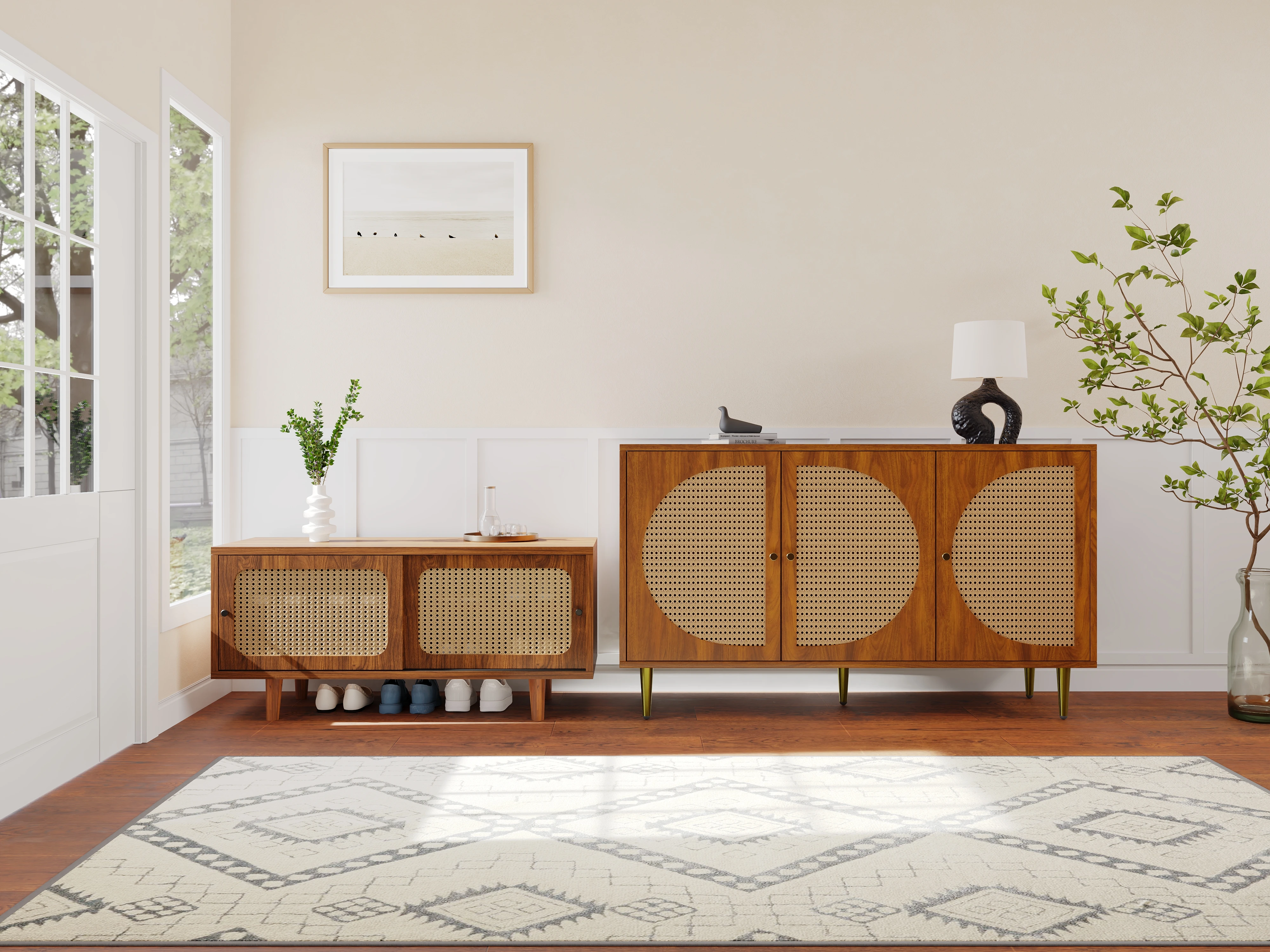 Rattan-Sideboard-Set für das Wohnzimmer – Kombination aus Rattankommode und Schuhschrank, Walnussfarbe – Detail 4