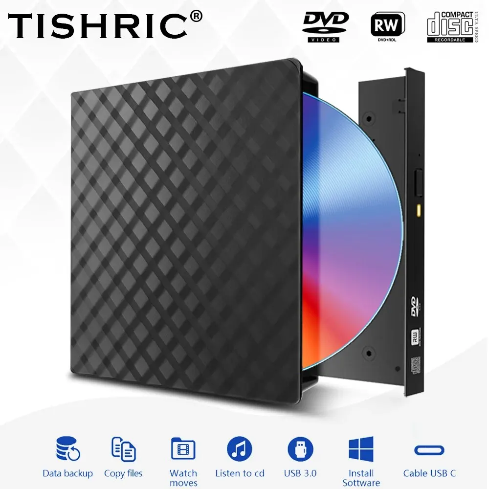 TISHRIC DVD 외장 USB 3.0 리더 팝업 모바일 DVD-RW, C 타입 RW CD 플레이어, 광학 드라이브, 노트북 데스크탑 iMac용