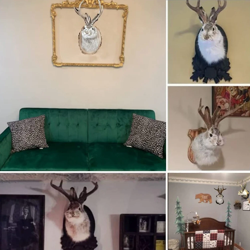 Jackalope 사슴 머리 벽 마운트 토끼 머리 뿔, 벽걸이 장식, 홈 장식, 완벽한 선물, 레트로 스타일