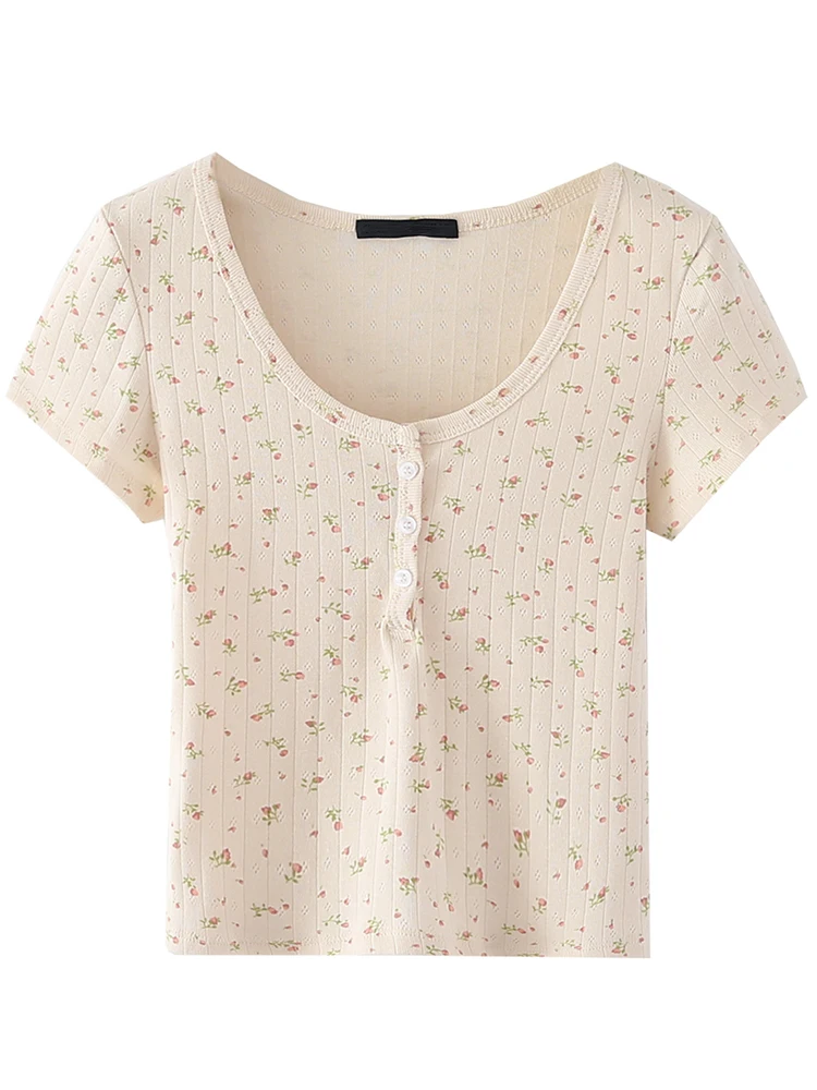 

Vintage Floral Print Slim T-Shirts Women Summer Button Round Neck Cotton Short Sleeve Y2k Tops Ladies Retro Chic Sweet T Shirt
