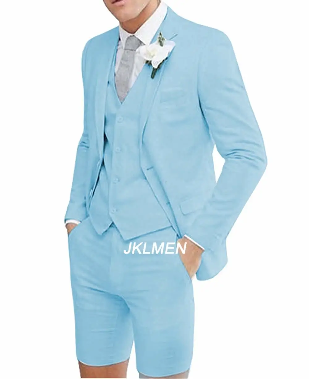 2024 New Summer Men's Casual Suits Slim Fit 3 Piece Notch Lapel Prom Tuxedos Best Men Short Pants Suit For Wedding Holiday