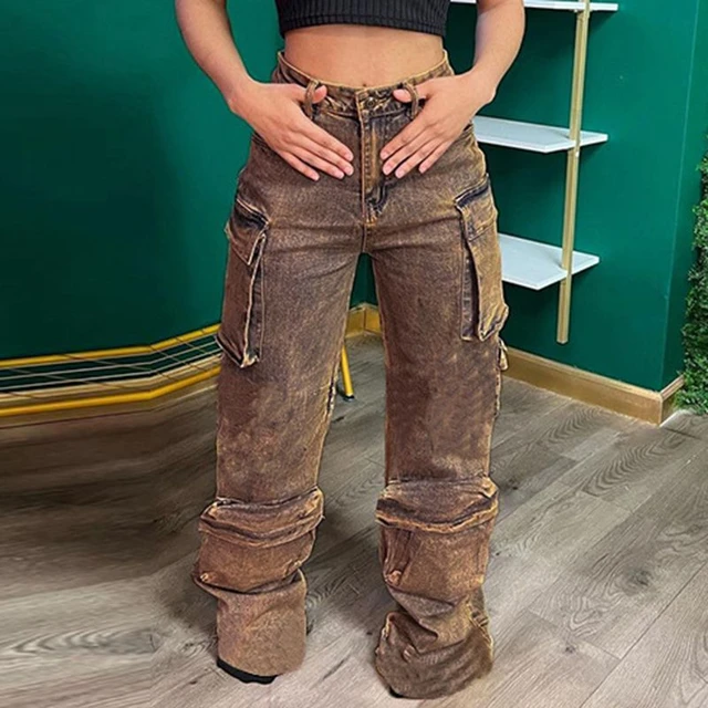 Jeans folgado de cintura alta feminino, calça cargo vintage, jeans