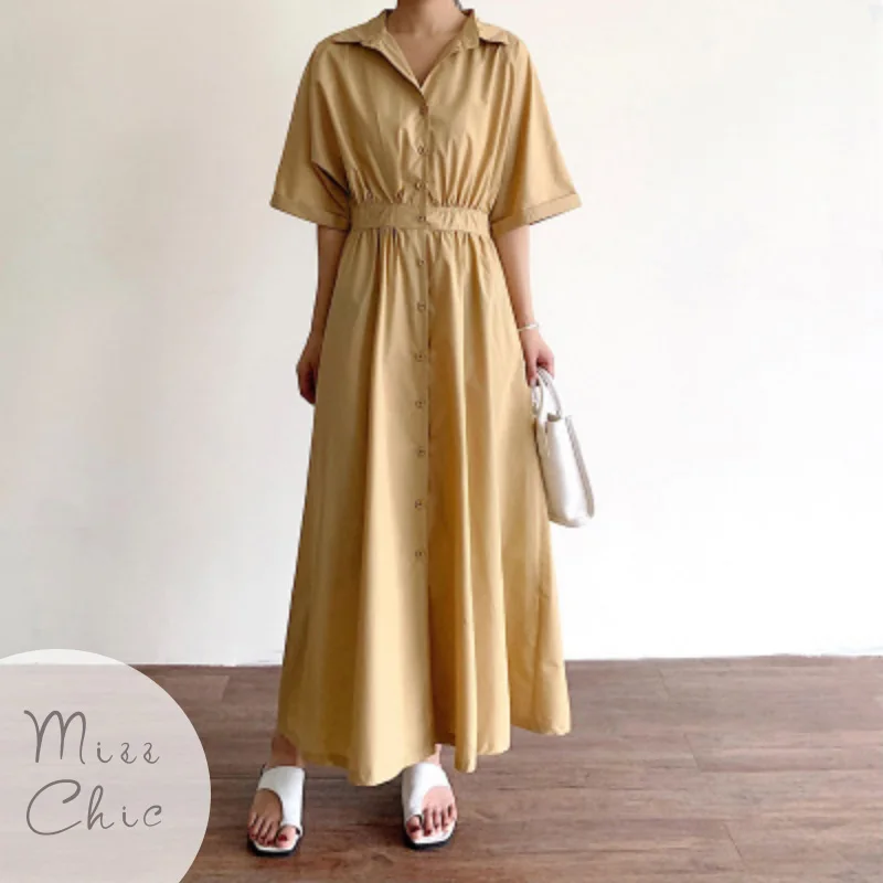 

Korean Ins-style Polo Collar Slimming Shirt Long Dress 2023 Summer Japanese Style Commuting Simple Casual Short Sleeve Dresses