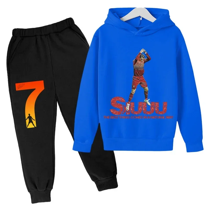 thumbnail image 1 of Conjunto de sudadera con capucha de primavera de Ronaldo, conjunto de 2 piezas de sudadera y pantalones azules informales para niños, ropa deportiva informal, chándal para niños, 1 of 5