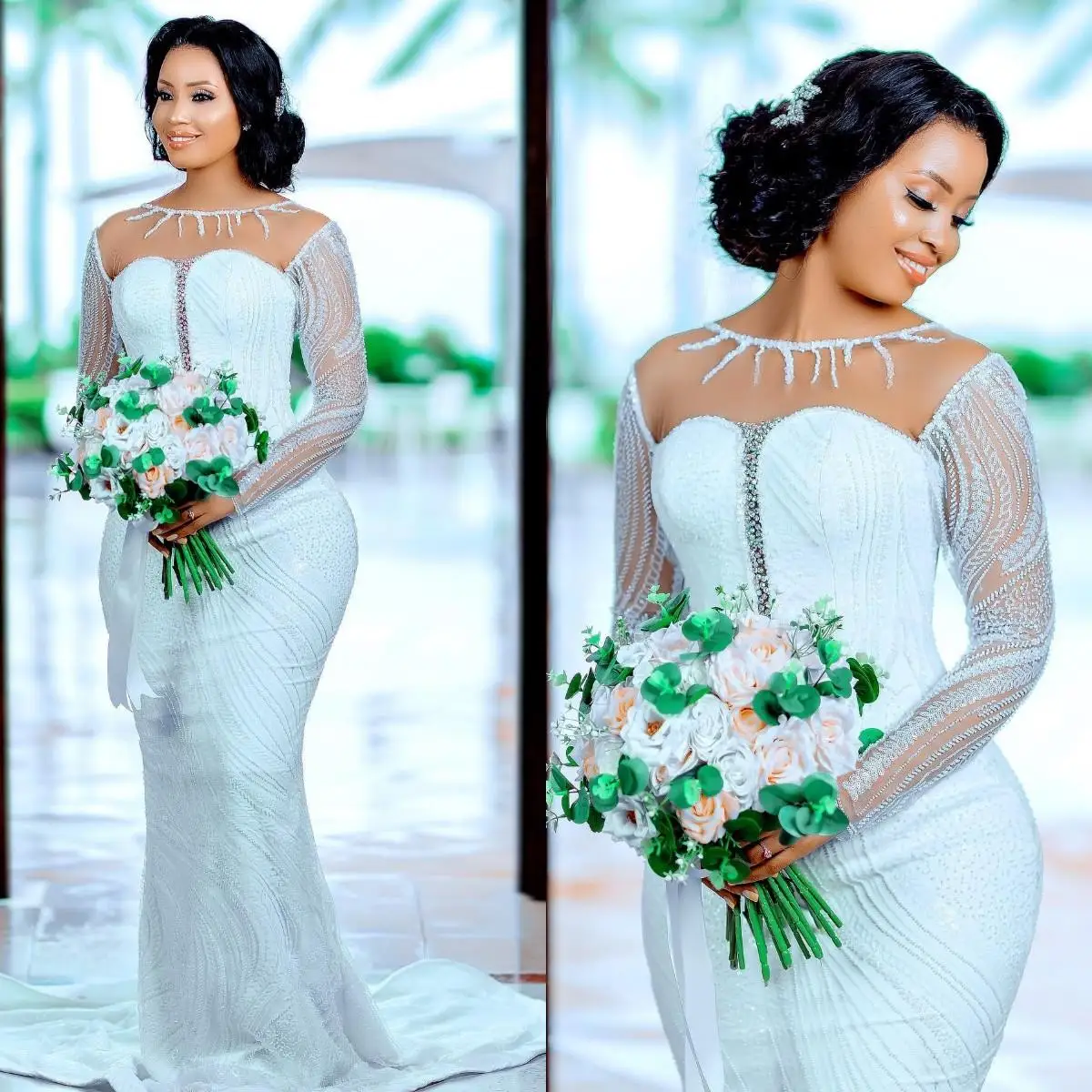 

Plus Size Mermaid Wedding Dress Beaded Sequined Appliqued Jewel Neck Bridal Gown Long Sleeve Swwep Train Robe De Mariee