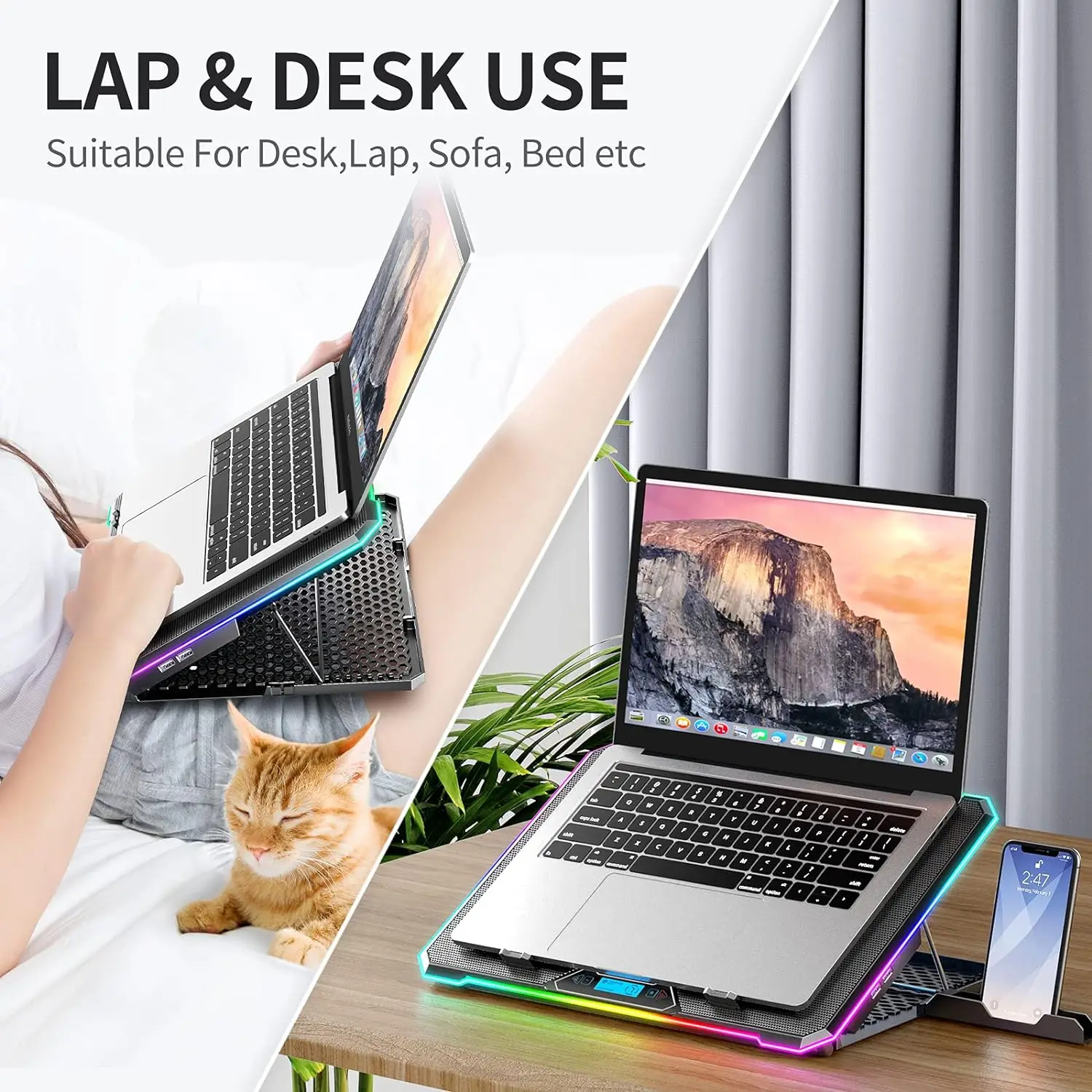 노트북 쿨러, 13 개의 조용한 냉각 팬, LED 조명, 2 USB 포트, 8 높이 조절 가능, 14-17 인치 노트북 태블릿 냉각 스탠드