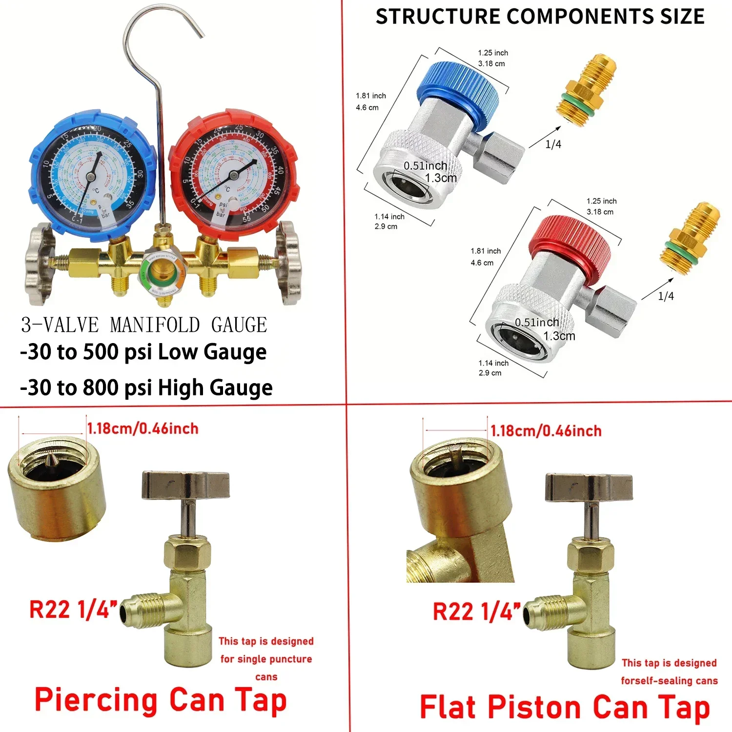 Refrigerant Manifold Meter Kit for automotive air conditioning charging of R410A, R22, R134a, R404A refrigerants
