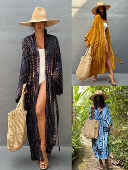 Womens Rayon Beach Blouses Kimono Cardigan Long Bikini Cover Up Bathing Suit Summer Outfit 1