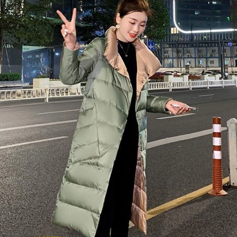 2023 New Women Down Jacket Winter Coat Female Mid-length Below Knees Parkas Thin Two Sided Loose Outwear Slim Simple Overcoat