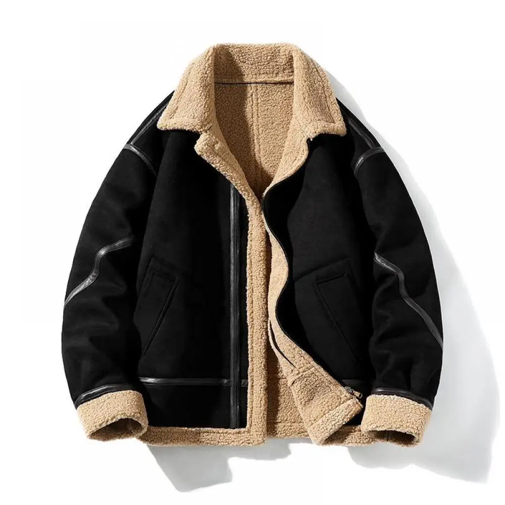 Autumn Winter Thick Suede Leather Fleece Jacket Men Windproof High Quality Warm Outwear Turn-Down Collar Patchwork Casual Coat