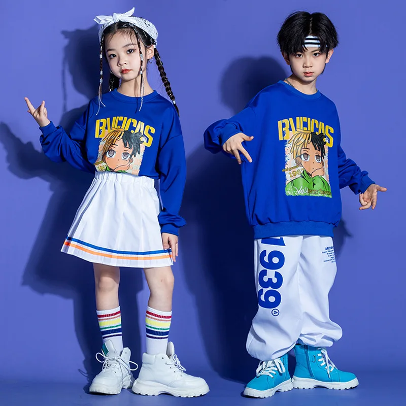 

Kid Hip Hop Clothing Blue Print Sweatshirt White Street Jogger Pants Pleated Skirt Mini for Girl Boy Jazz Dance Costume Clothes