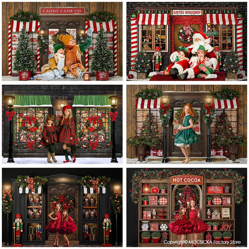 

Christmas Toy Bear Photography Background Candy Gift Shop Family Party Santa Backdrops Xmas Tree Wooden Wall Photo Studio Props