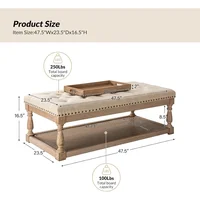 Coffee Table with Tray, Tufted Ottoman with Solid Wood Storage Shelf, Upholstered Large Footrest Ottoman, Living Room Table 2