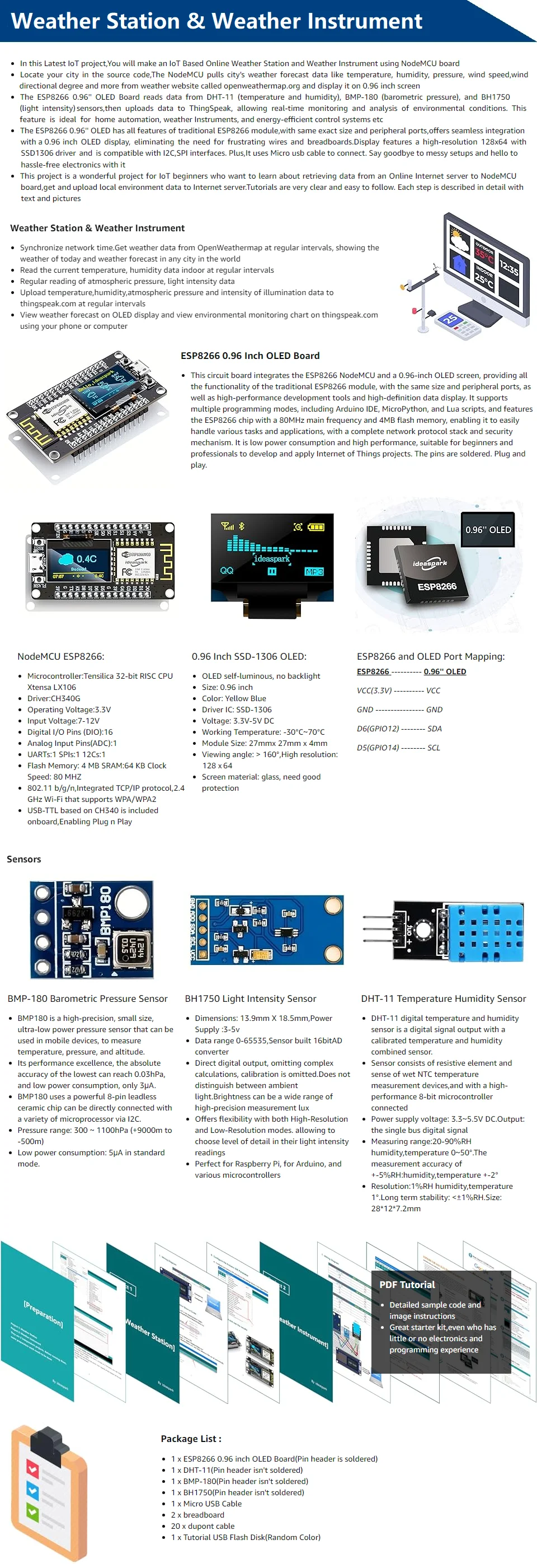Stacja pogodowa i zestaw przyrządów pogodowych z DHT-11 BMP-180 BH1750 Sensor NodeMCU ESP8266 0.96 ''deska Oded do rozrusznika Arduino 7 S520a6625b8624d56b1f5eab634300a486 Stacja pogodowa i zestaw przyrządów pogodowych z DHT-11 BMP-180 BH1750 Sensor NodeMCU ESP8266 0.96 ''deska Oded do rozrusznika Arduino