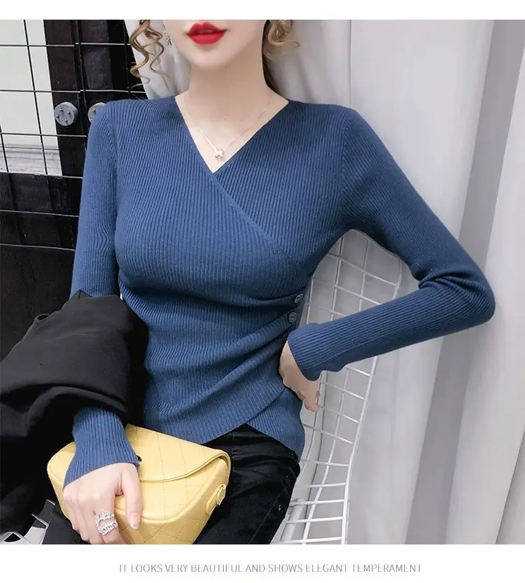 Elegant Fashion Temperament V-neck Knitted Pullovers for Women Sweaters 2022 New Solid Color Bottoming Shirt Buttons Korean Top