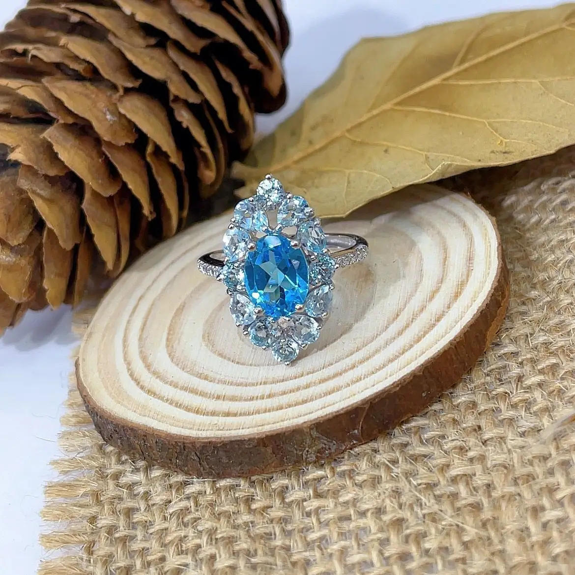 

Best Seller Fashion Vintage Jewelry Ring For Woman With Natural Switzerland Blue Topaz Gemstone 7*9mm Best Lady Gift