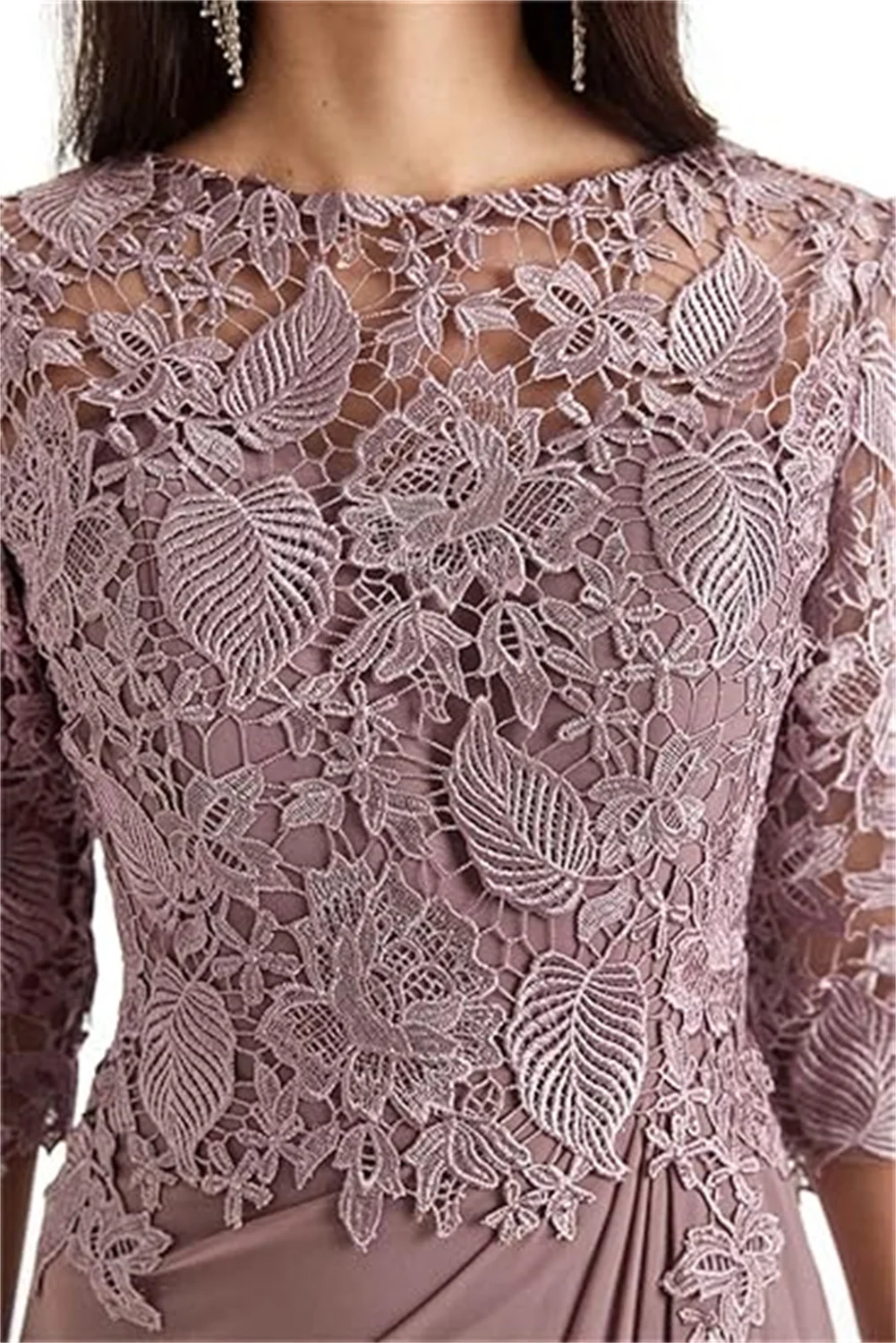 Women's Mother of the Bride Dress for Wedding Lace Leaf Appliques 3/4 Sleeves Ruched Chiffon Party Prom Evening Gowns