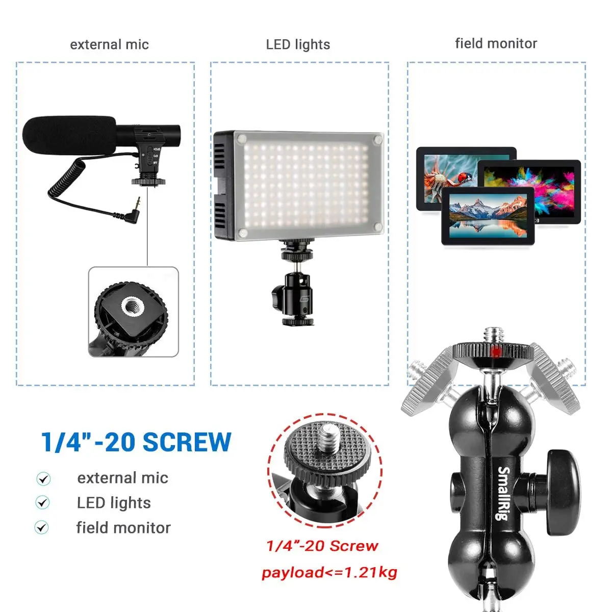 Super Clamp with 1/4 and 3/8 Thread 2pcs Pack For 15mm-44mm Rods Cameras Lights