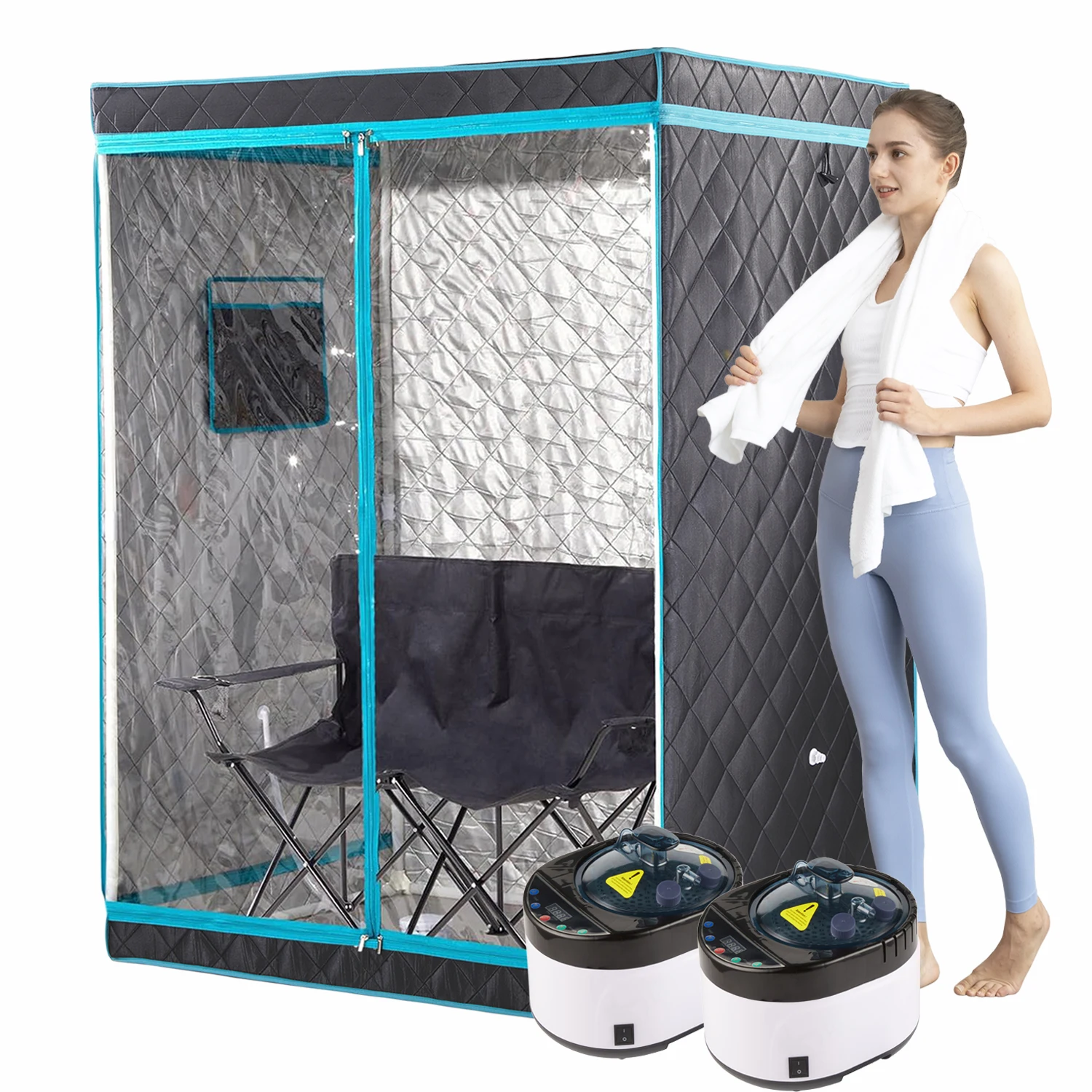 ซาวน่าไอน้ําแบบพกพาสําหรับ 2 คนโฮมสปาพื้นที่ขนาดใหญ่ทั้งร่างกายพร้อมเครื่องนึ่ง 4 ลิตรและเก้าอี้รวมอยู่ด้วย 1