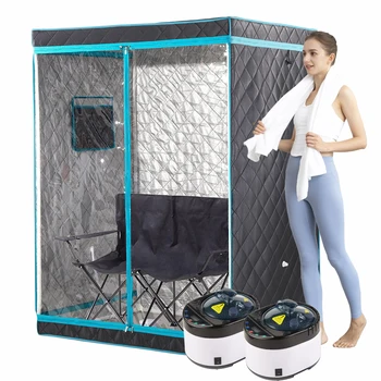 ซาวน่าไอน้ําแบบพกพาสําหรับ 2 คนโฮมสปาพื้นที่ขนาดใหญ่ทั้งร่างกายพร้อมเครื่องนึ่ง 4 ลิตรและเก้าอี้รวมอยู่ด้วย 1