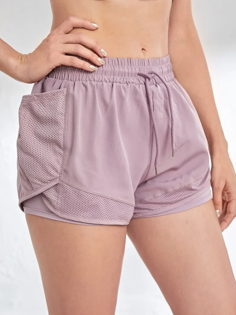 Womens Elastic Sports Shorts with Pockets Fake Two Piece Yoga Running Training Shorts 6
