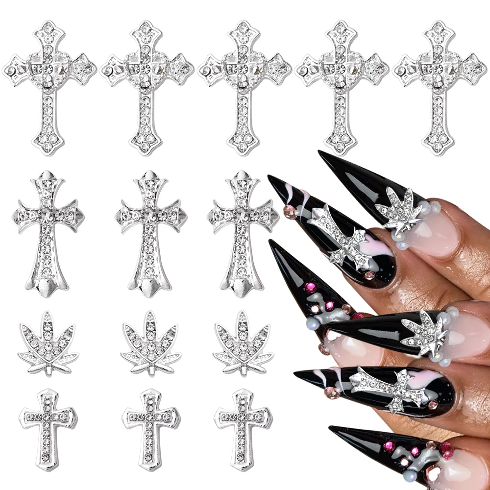 10pcs/lot Luxury Silver Cross Crucifix Nail Art Charm Parts Alloy Rhinestone Crystal Manicure Nail Accesorio Supplies Decoration 6