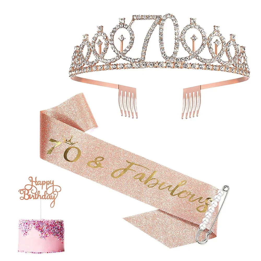 

Rose Gold 70 and Fabulous Birthday Sash Tiara Crown Headband Set for Women Happy 70th Birthday Queen Party Decoration Favor Gift