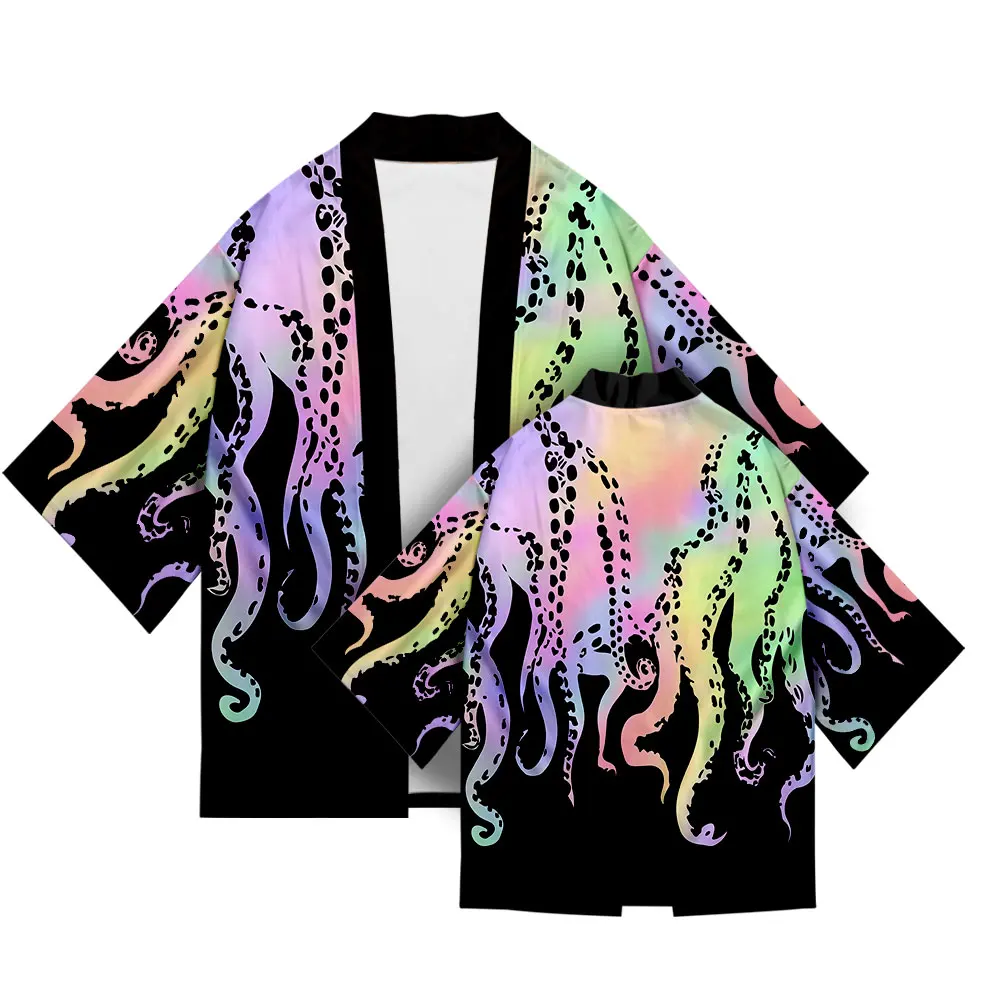 Plus Size Octopus Print 2022 Summer Chic Loose Japanese Streetwear Cardigan Women Men Harajuku Kimono Cosplay Top Shirts Yukata traditional japanese women s kimono vintage style purple color floral prints summer yukata cosplay wear photo shot dress