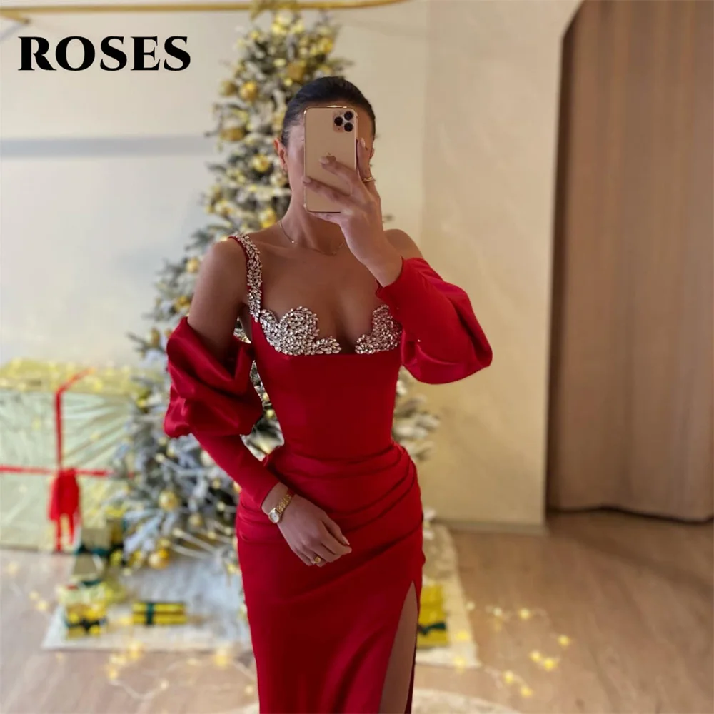 ROSES Spaghetti Strap Long Party Dresses Vintage Red Mermaid Night Dresses Sequin Celebrity Dress with Slit vestidos de fiesta