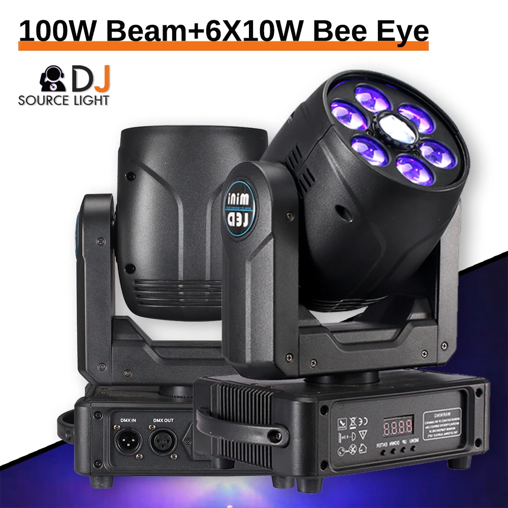 

NEW Mini LED 100W Beam + 6X10W Bee Eye Moving Head Light RGBW 3 Prism Gobos DJ Light for Stage Disco Musci Party DMX512 Control