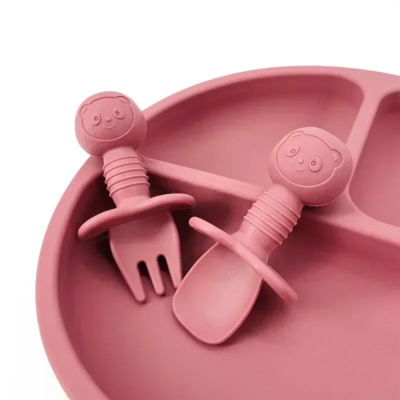 2pcs Food Grade Children Wooden Handle Silicone Spoon Fork Cutlery Baby Training Complementary Food Spoon BabyFeeding Spoon Fork 5