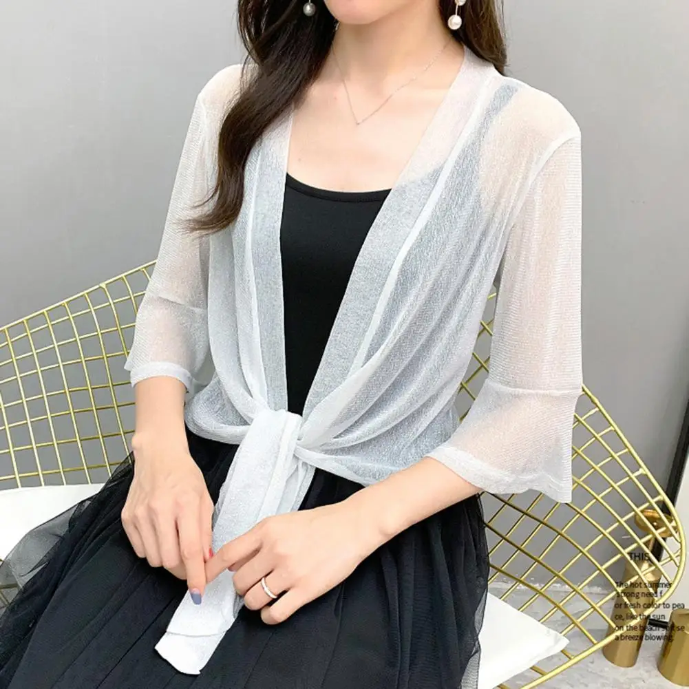 Women Summer Thin Shawl Solid Color See-through Cardigan Open Stitch Anti-UV Three Quarter Sleeves Lace Up Sunscreen Coat