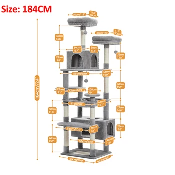 184cm Large Cat Tree and Tower for Indoor Cats With Sisal-Covered Scratching Posts Spacious Hammock Padded Perches and Condos 6