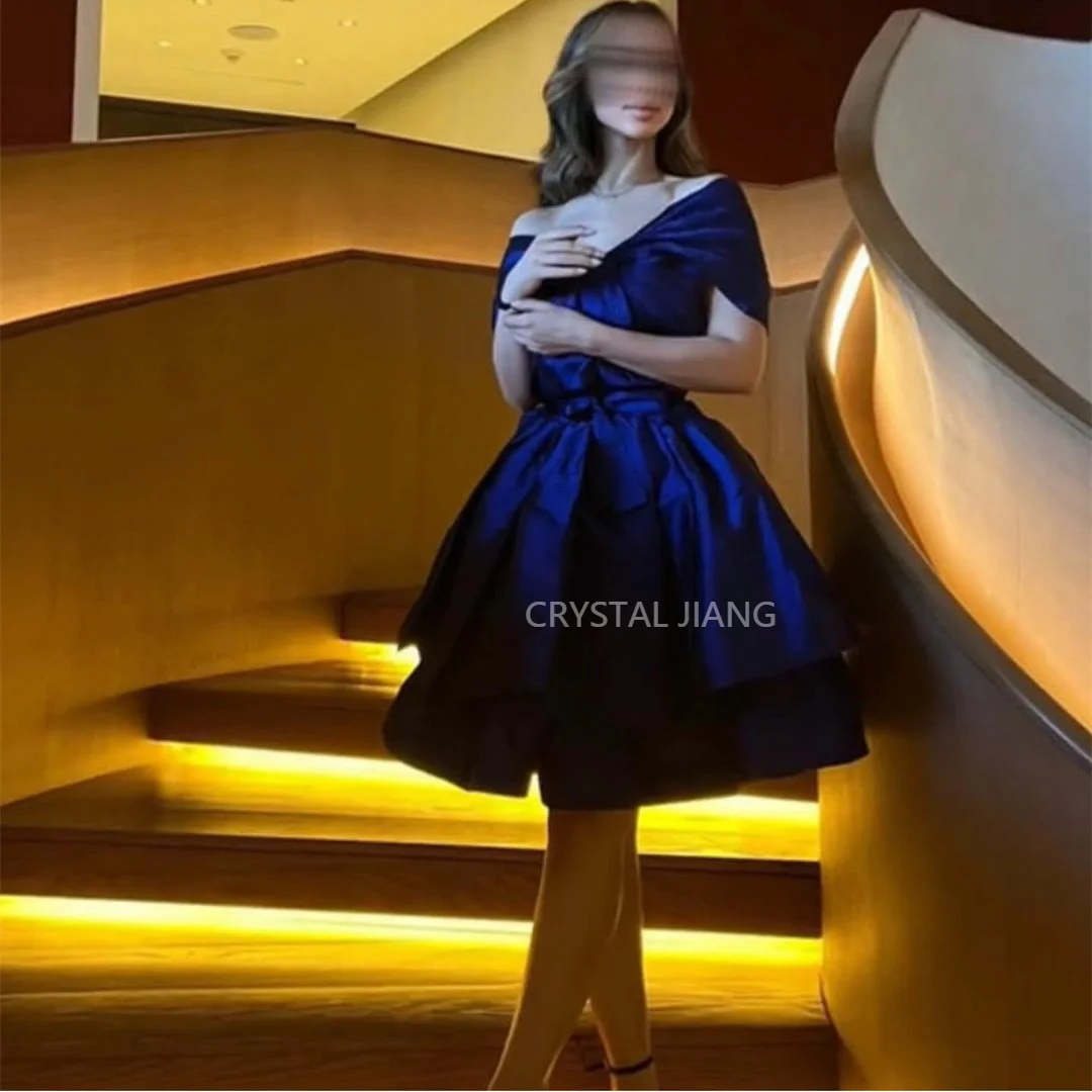 

Classic Short Blue Taffeta Off Shoulder Evening Dresses فساتين السهرة A-Line Pleated Prom Dress Robe de soirée for Women