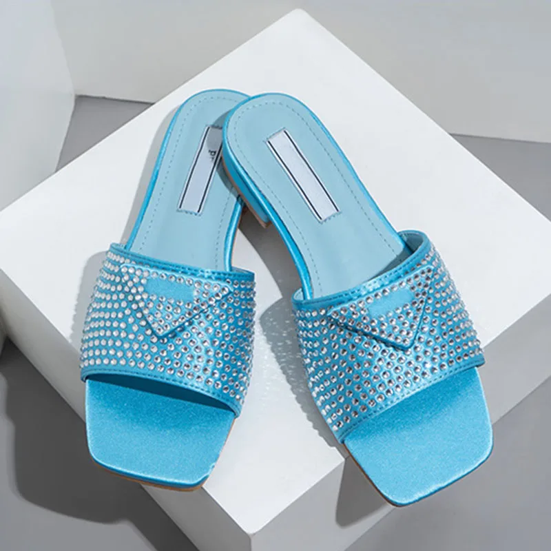 Summer Slippers Rhinestone Triangle Standard Low Heel Slippers Women Wear Internet Celebrity Slides Thick Heel Women Sandals