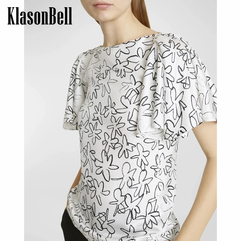 

5.9 KlasonBell Silk Print Women's Blouse Back Zipper Flying Sleeve Design O-Neck Temperament All-matches Office Lady Shirt