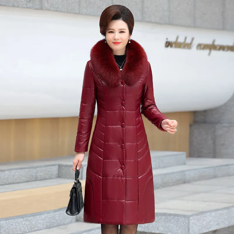 M-7XL Woman Long Leather Coat Winter Fashion Mother Padded Outerwear Thick Warm Fur Collar Camel Fleece Filling Overcoat Female