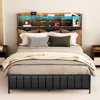 Bed Frame with Storage Upholstered Shelves Headboard, Outlets with Charging Ports and Colorful LED Lights 1