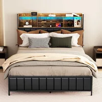 Bed Frame with Storage Upholstered Shelves Headboard, Outlets with Charging Ports and Colorful LED Lights 1