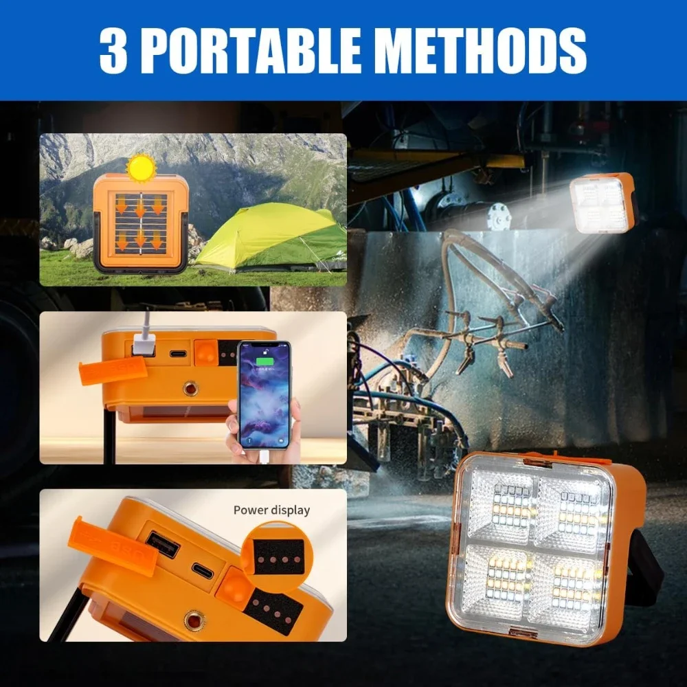Portable Solar LED Work Light Magnetic Rechargeable Flood Light Sos Power Bank Function for Camping Job site Lighting Emergency