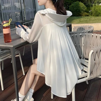 Abbigliamento casual Cappotto solido Resistente ai raggi UV Cerniera con cappuccio Tasche lunghe corte sul davanti e posteriori Camicia per protezione solare Manica lunga Estate Donna 1