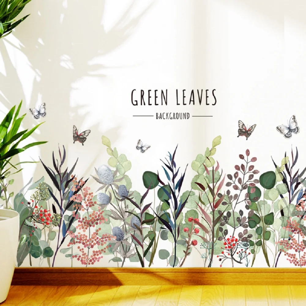 

Green Leaves Little Lovely Flowers Butterfly Wall sticker For Living-room Kids Room Bedroom Home Decor Modern Decal Wallpaper