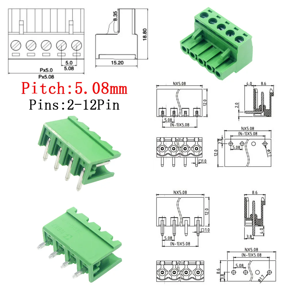 10/5 Pairs Pitch 5.08mm Terminal Block Connector 2EDG 5.08mm 2-12 Pin Pcb Screw Connector Terminal Block 2EDG Socket PCB Screw