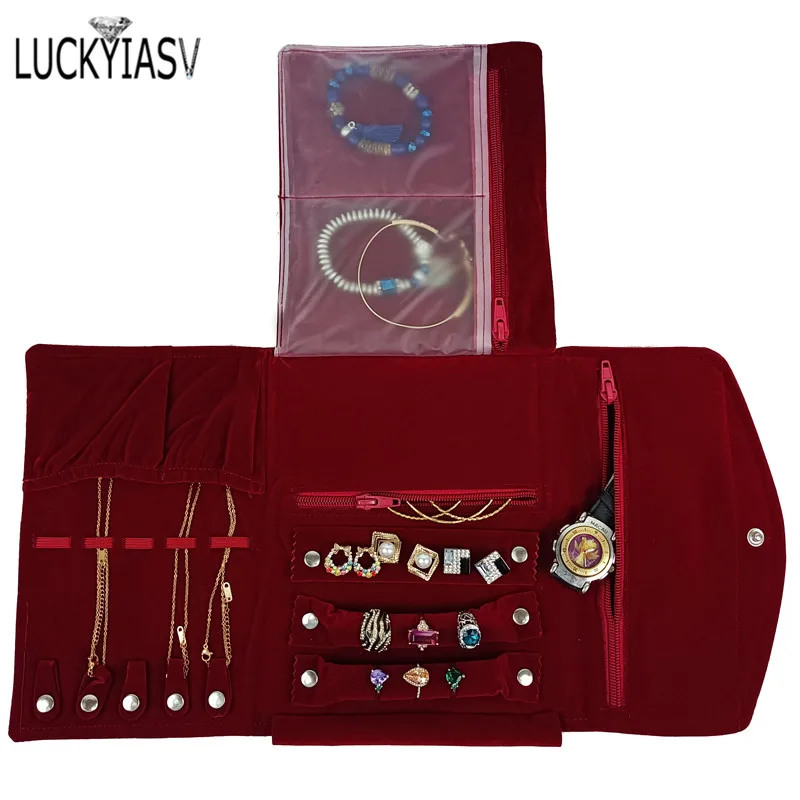 Burgundy Portable Travel Jewelry Organizer Roll Foldable Jewelry Case for Journey-Rings Necklaces Jewerly Storage Velvet Bag