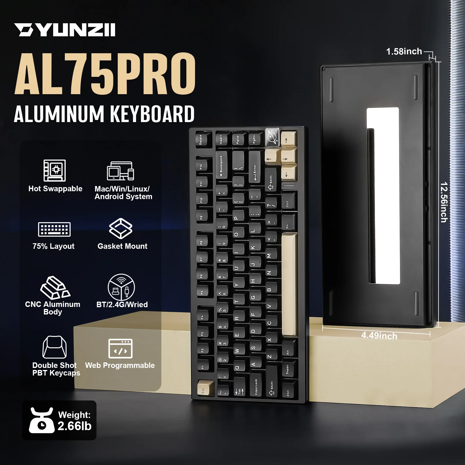 YUNZII AL75 PRO Black Aluminum Gaming Keyboard, 75% Gasket