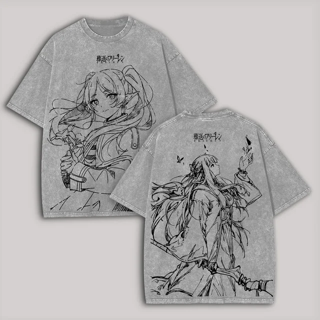 Manga Frieren T-shirt graphique décontracté pur coton à manches courtes t-shirts Vintage lavé surdimensionné T-shirt pour hommes femmes vêtements 1